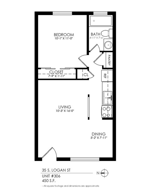 Floor plan for 1 bed, 1 bath, 525 sqft